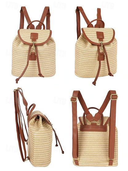 Straw Backpack for Women – Boho Woven Rattan Travel Bag with Leather Straps, Chic Summer Beach Rucksack, Casual Vacation & Daily Use Handbag White Pink Brown